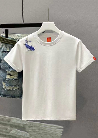 New White Embroideried Cozy Solid Cotton Mens T Shirts Summer LK065 Men-Silk-MENT240630