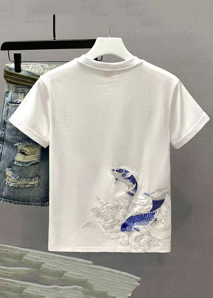 New White Embroideried Cozy Solid Cotton Mens T Shirts Summer LK065 Men-Silk-MENT240630