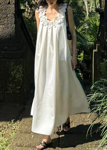 White Cotton New Maxi Floral Solid Sleeveless Dresses FashionChic