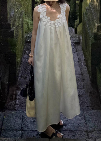 White Cotton New Maxi Floral Solid Sleeveless Dresses FashionChic