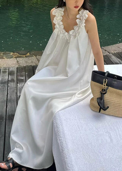 White Cotton New Maxi Floral Solid Sleeveless Dresses FashionChic
