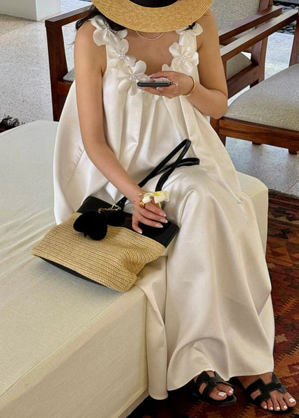 White Cotton New Maxi Floral Solid Sleeveless Dresses FashionChic