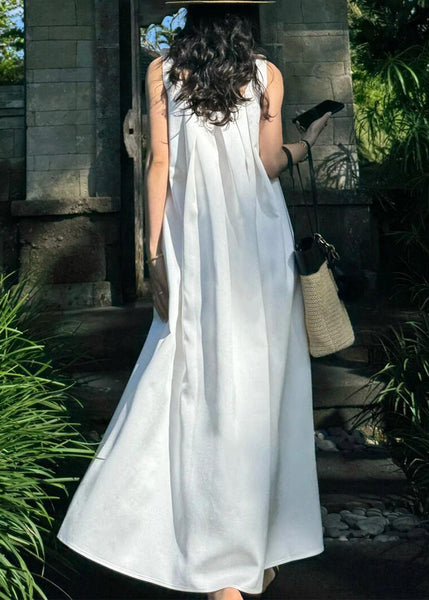 White Cotton New Maxi Floral Solid Sleeveless Dresses FashionChic