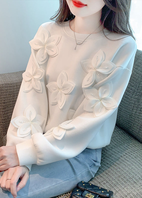 New White Floral Solid Patchwork Cotton T Shirt Fall WM029 ABC