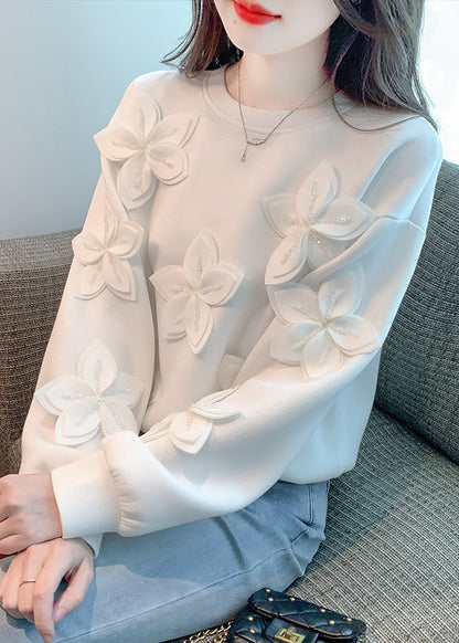 New White Floral Solid Patchwork Cotton T Shirt Fall WM029 ABC