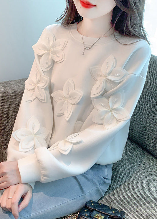 New White Floral Solid Patchwork Cotton T Shirt Fall WM029 ABC