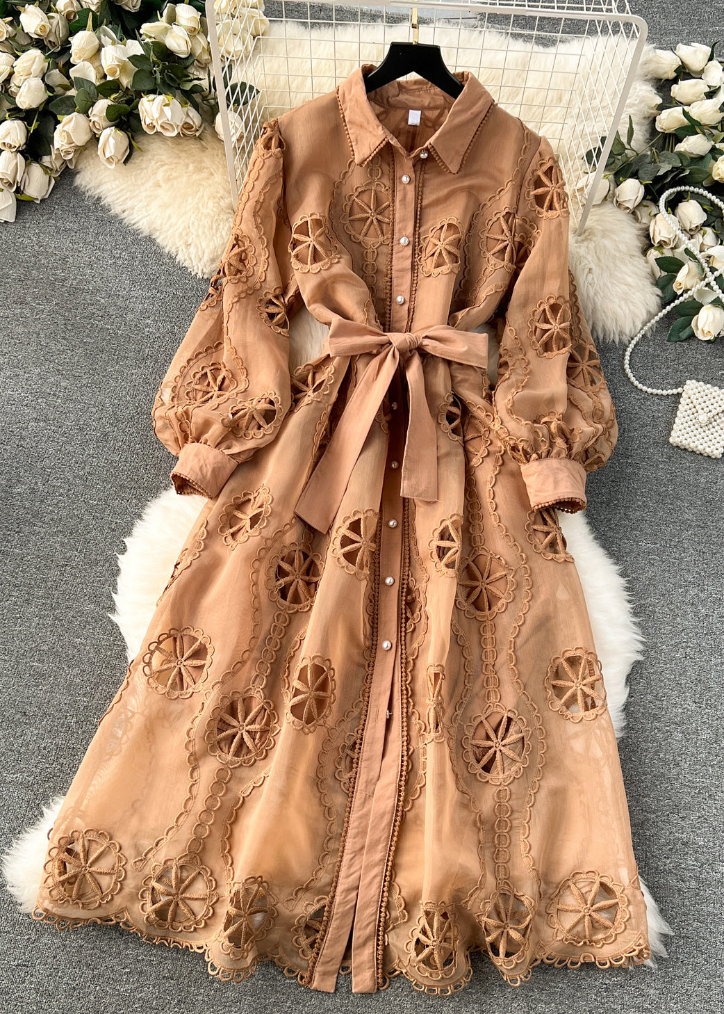 New White Hollow Out Tie Waist Cotton Shirts Dress Long Sleeve TR050 ZS-FDL240730