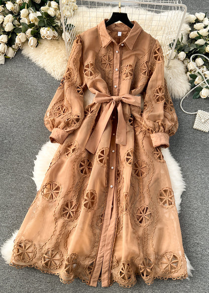 New White Hollow Out Tie Waist Cotton Shirts Dress Long Sleeve TR050 ZS-FDL240730