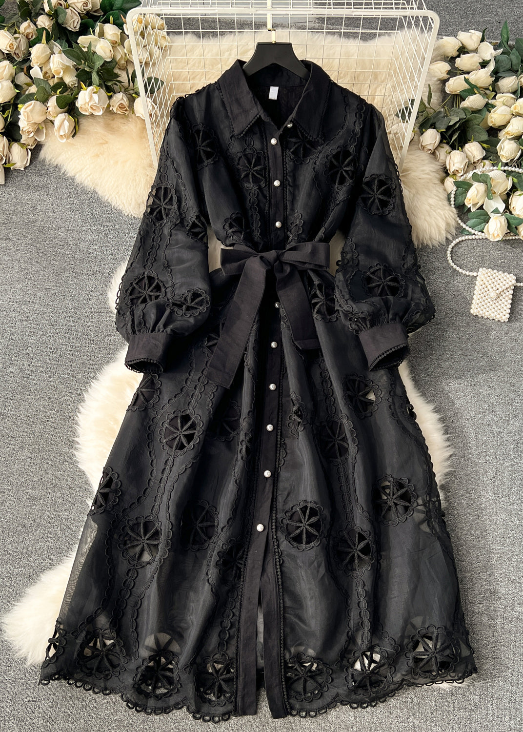 New White Hollow Out Tie Waist Cotton Shirts Dress Long Sleeve TR050 ZS-FDL240730