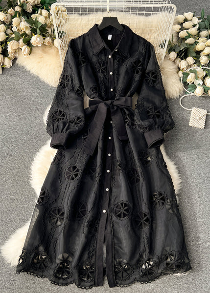 New White Hollow Out Tie Waist Cotton Shirts Dress Long Sleeve TR050 ZS-FDL240730