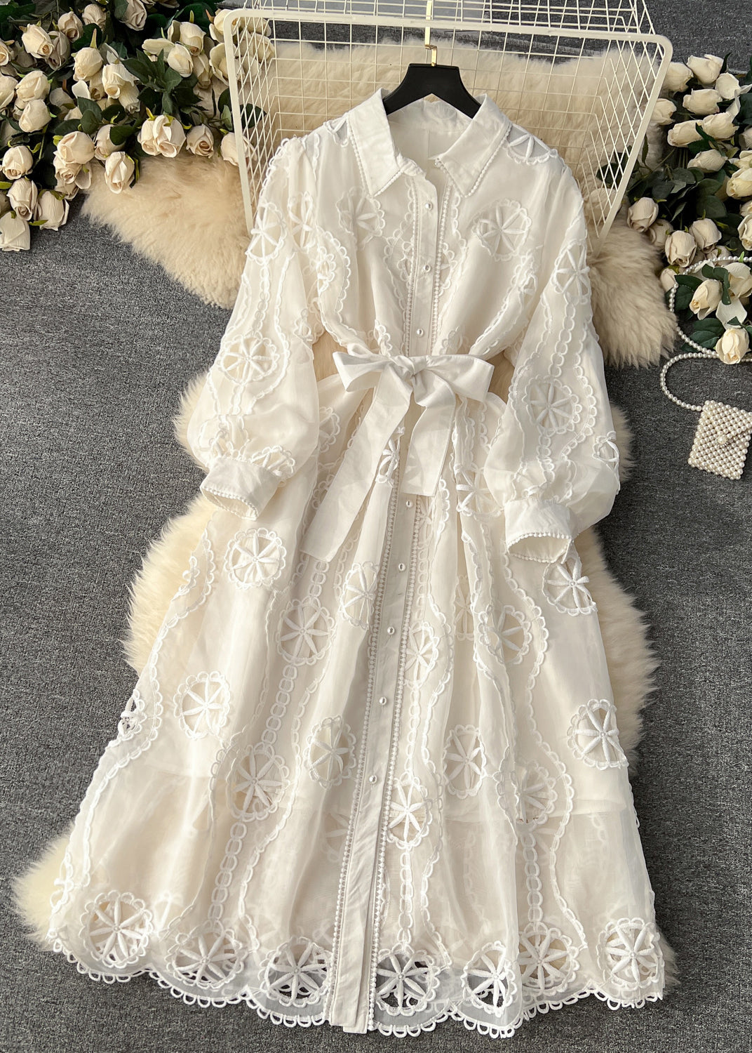 New White Hollow Out Tie Waist Cotton Shirts Dress Long Sleeve TR050 ZS-FDL240730