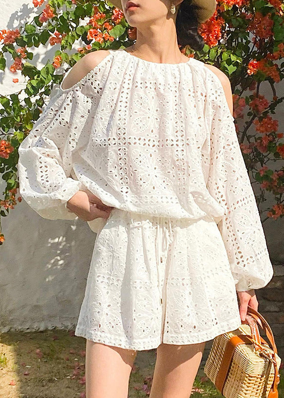 Out And Two Cotton New Tops Pieces Shorts Hollow Summer White Set FashionChic