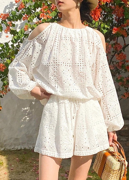 Out And Two Cotton New Tops Pieces Shorts Hollow Summer White Set FashionChic