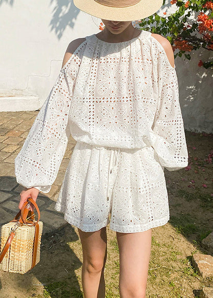 Out And Two Cotton New Tops Pieces Shorts Hollow Summer White Set FashionChic