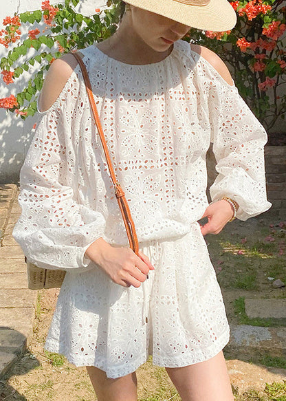 Out And Two Cotton New Tops Pieces Shorts Hollow Summer White Set FashionChic