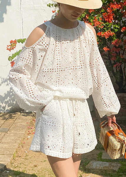 Out And Two Cotton New Tops Pieces Shorts Hollow Summer White Set FashionChic
