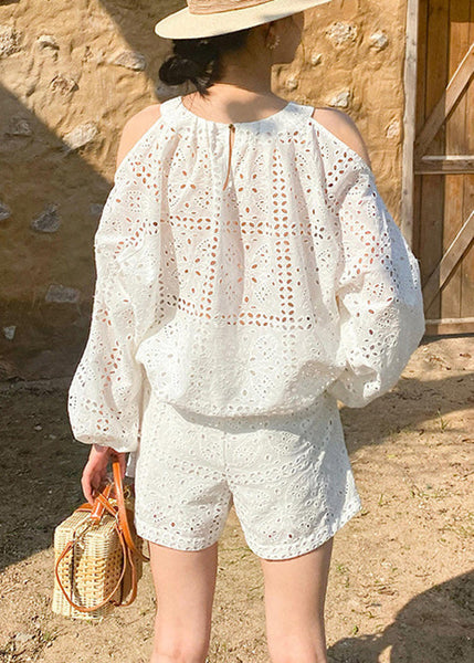 Out And Two Cotton New Tops Pieces Shorts Hollow Summer White Set FashionChic
