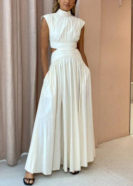 Cotton Wrinkled Summer New Maxi Hollow White Dresses Out Pockets FashionChic