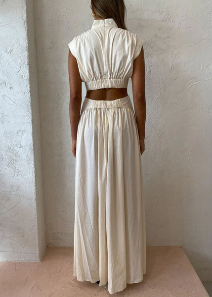 Cotton Wrinkled Summer New Maxi Hollow White Dresses Out Pockets FashionChic