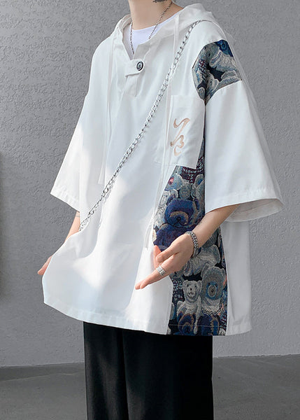 T Hooded White Summer Cotton Patchwork Mens Shirt Designer New FashionChic