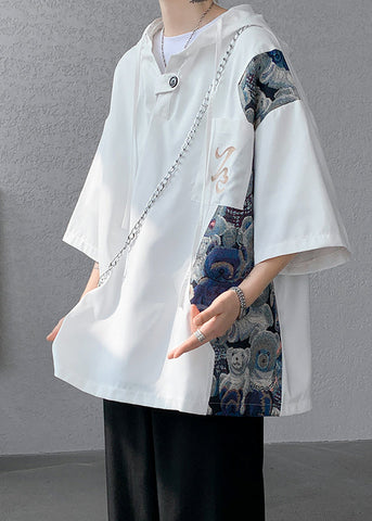 T Hooded White Summer Cotton Patchwork Mens Shirt Designer New FashionChic
