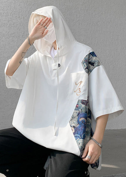T Hooded White Summer Cotton Patchwork Mens Shirt Designer New FashionChic