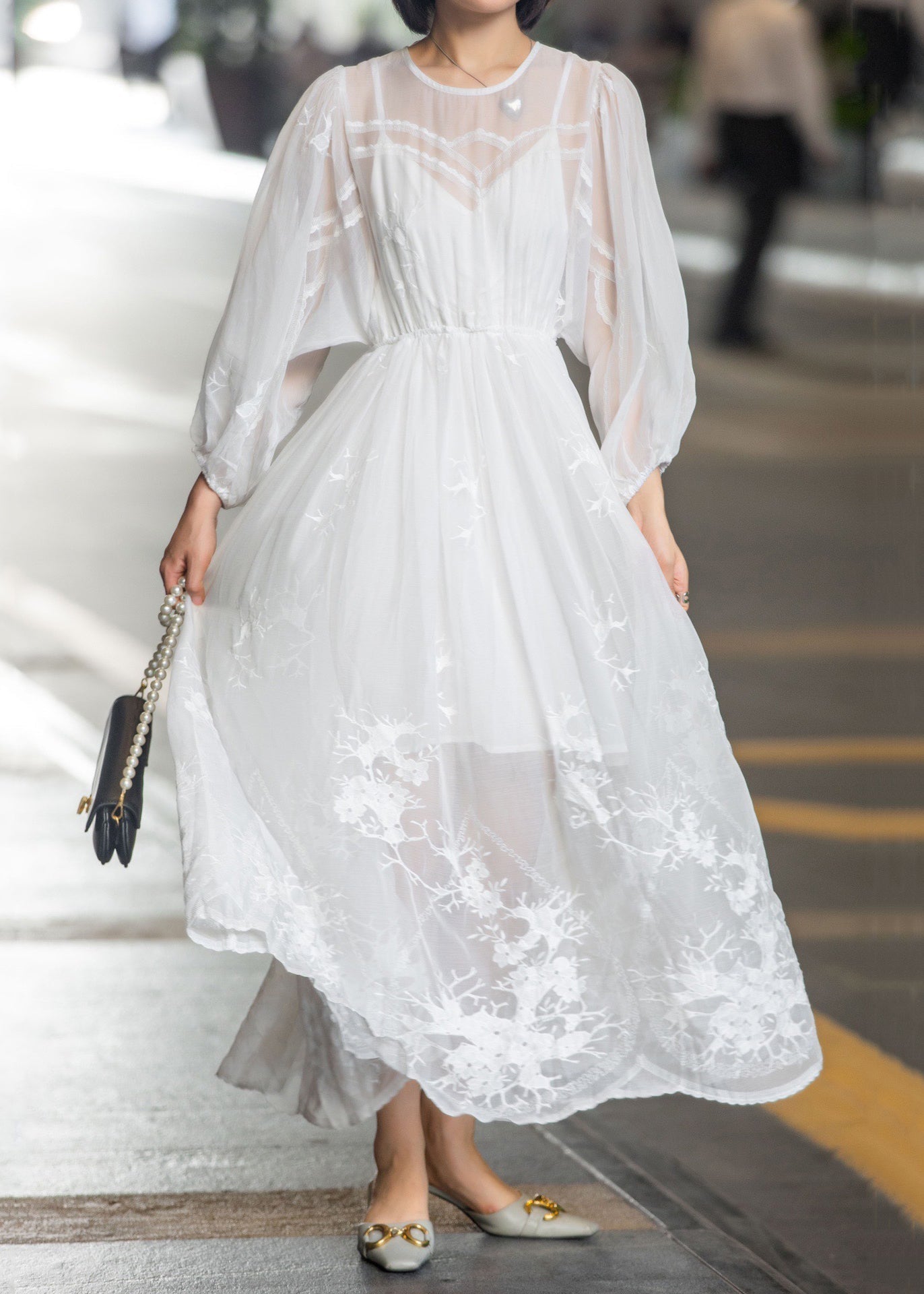 Embroidered Up Fall Lace Chiffon Dress Long New White FashionChic