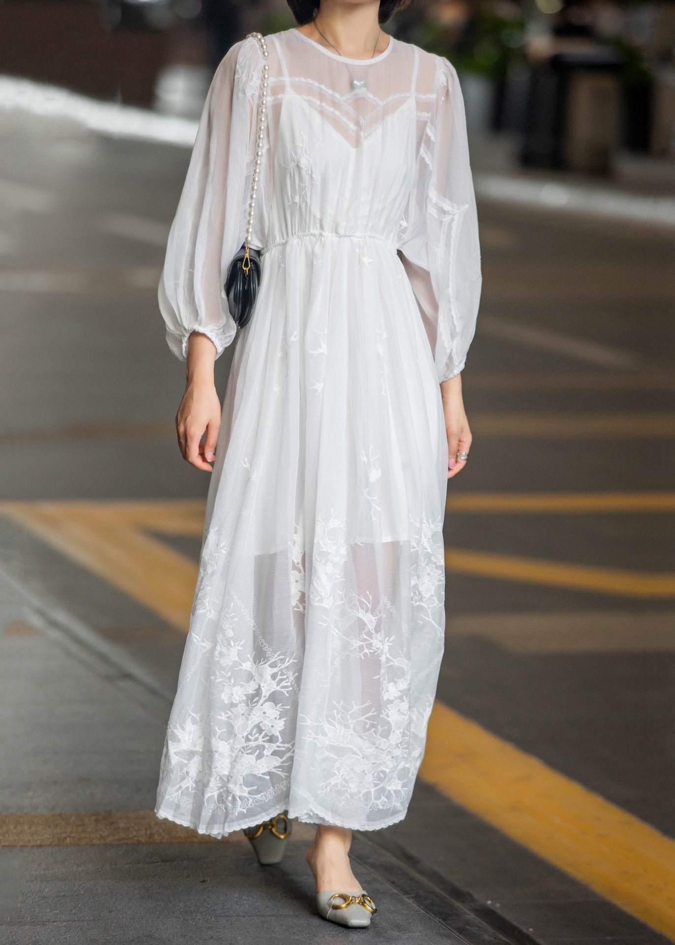 Embroidered Up Fall Lace Chiffon Dress Long New White FashionChic