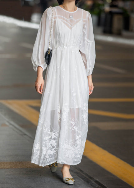 Embroidered Up Fall Lace Chiffon Dress Long New White FashionChic