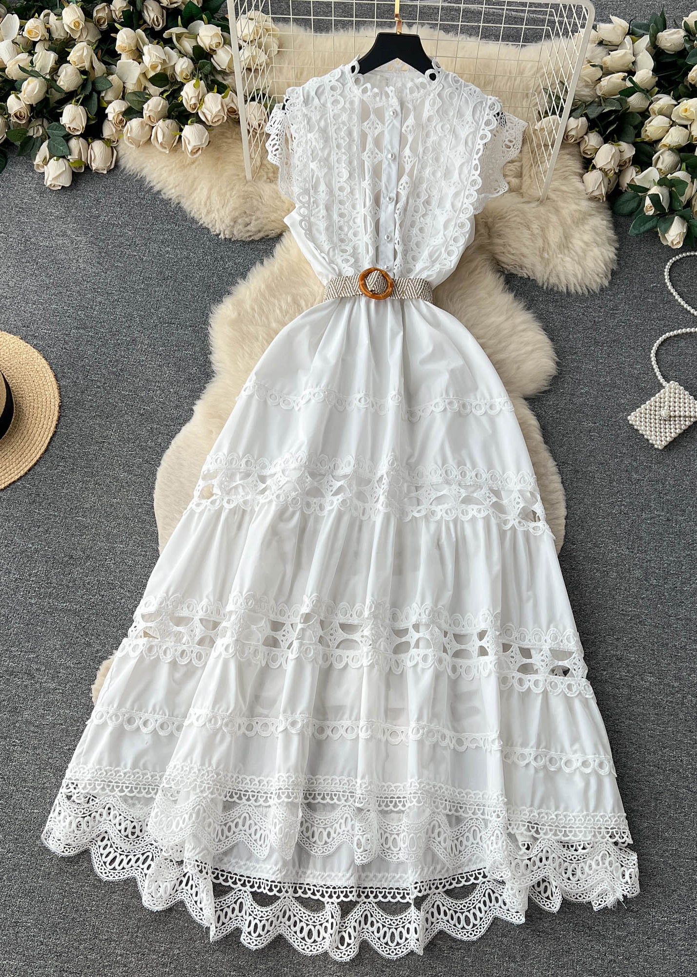 New White Lace Hollow Out Cotton Dress Sleeveless TR032 ZS-SDL240730