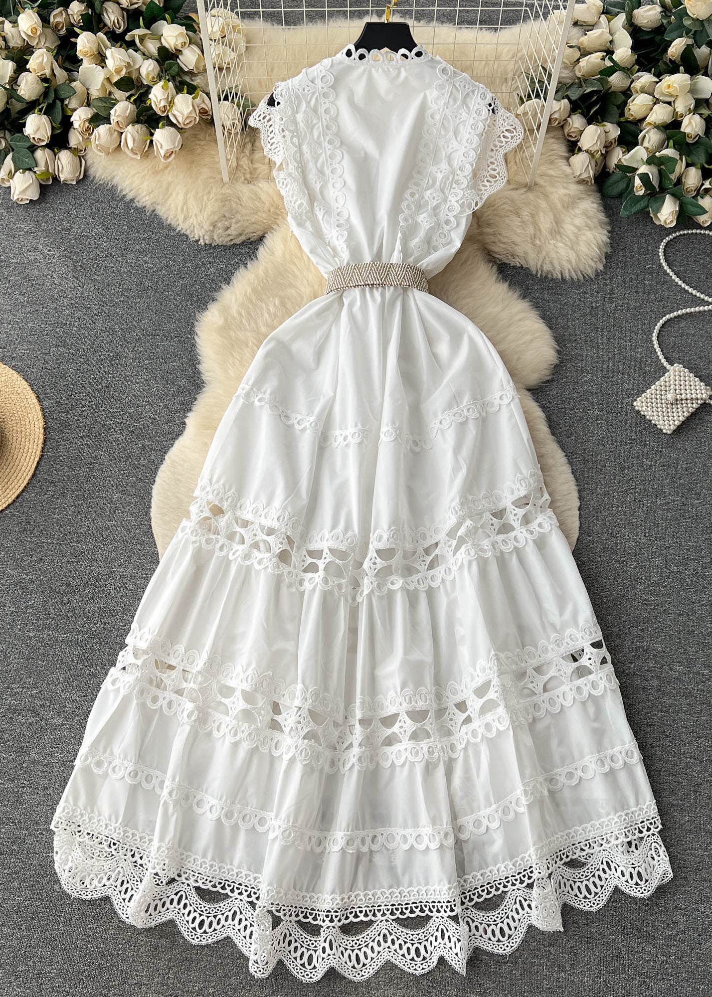 New White Lace Hollow Out Cotton Dress Sleeveless TR032 ZS-SDL240730