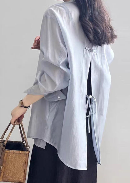 New White Lace Up Button Silk Shirt Long Sleeve KK015 SH-LF-LTP240602