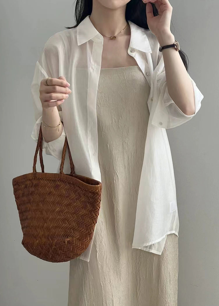 New White Lace Up Button Silk Shirt Long Sleeve KK015 SH-LF-LTP240602