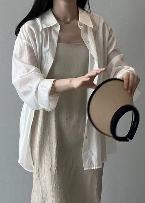 New White Lace Up Button Silk Shirt Long Sleeve KK015 SH-LF-LTP240602