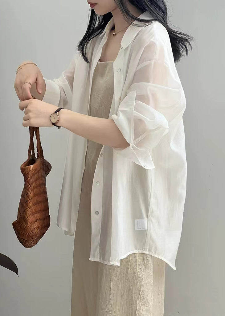 New White Lace Up Button Silk Shirt Long Sleeve KK015 SH-LF-LTP240602