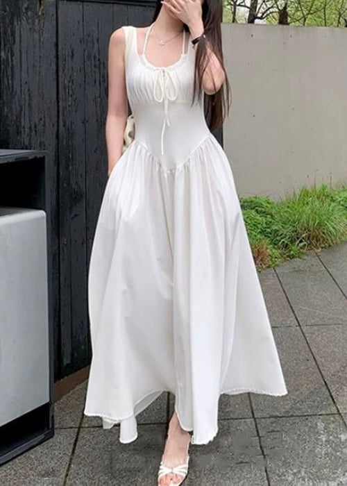 New White Lace Up Pockets Cotton Long Dress Sleeveless ZL033 SH-LF-SDL240621