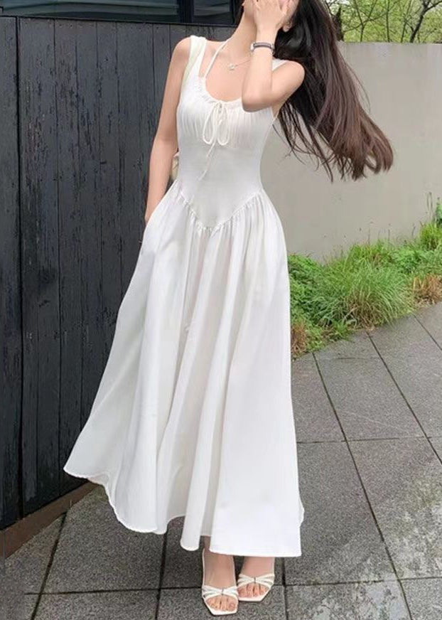 New White Lace Up Pockets Cotton Long Dress Sleeveless ZL033 SH-LF-SDL240621