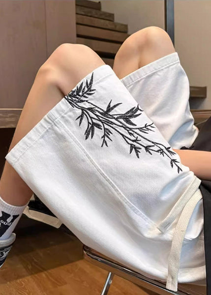 Up Elastic White New Denim Waist Shorts Pockets Lace Men FashionChic