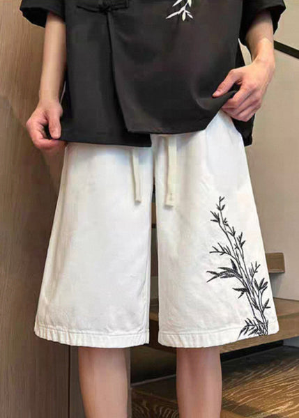 Up Elastic White New Denim Waist Shorts Pockets Lace Men FashionChic