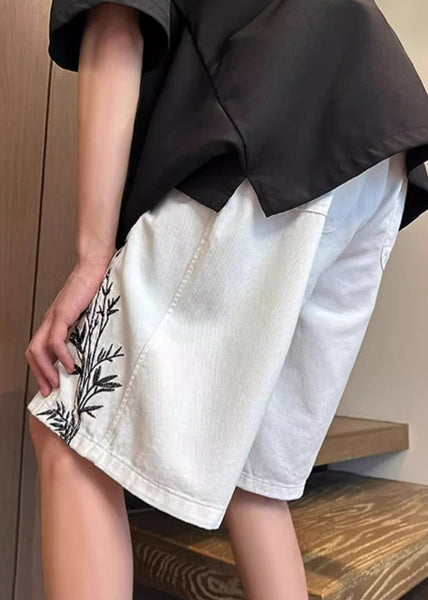 Up Elastic White New Denim Waist Shorts Pockets Lace Men FashionChic