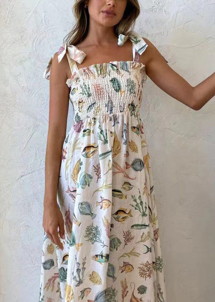 New White Lace Up Print Linen Spaghetti Strap Dress Sleeveless FF089 SH-LF-SDL240603