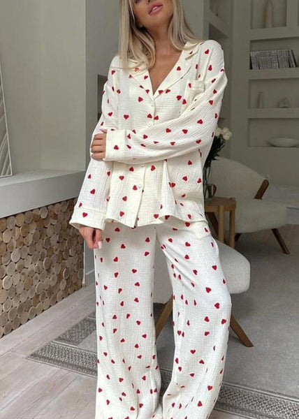 Fall Love Sets White Print Notched New Pajama Cotton FashionChic