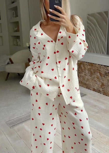 Fall Love Sets White Print Notched New Pajama Cotton FashionChic