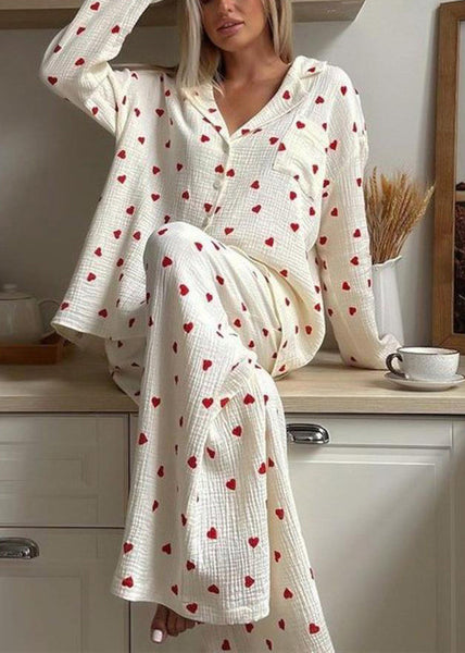 Fall Love Sets White Print Notched New Pajama Cotton FashionChic