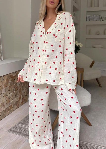 Fall Love Sets White Print Notched New Pajama Cotton FashionChic