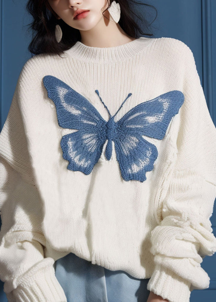 New White O Neck Butterfly Cozy Knit Sweater Fall QS025 OM-BB241010