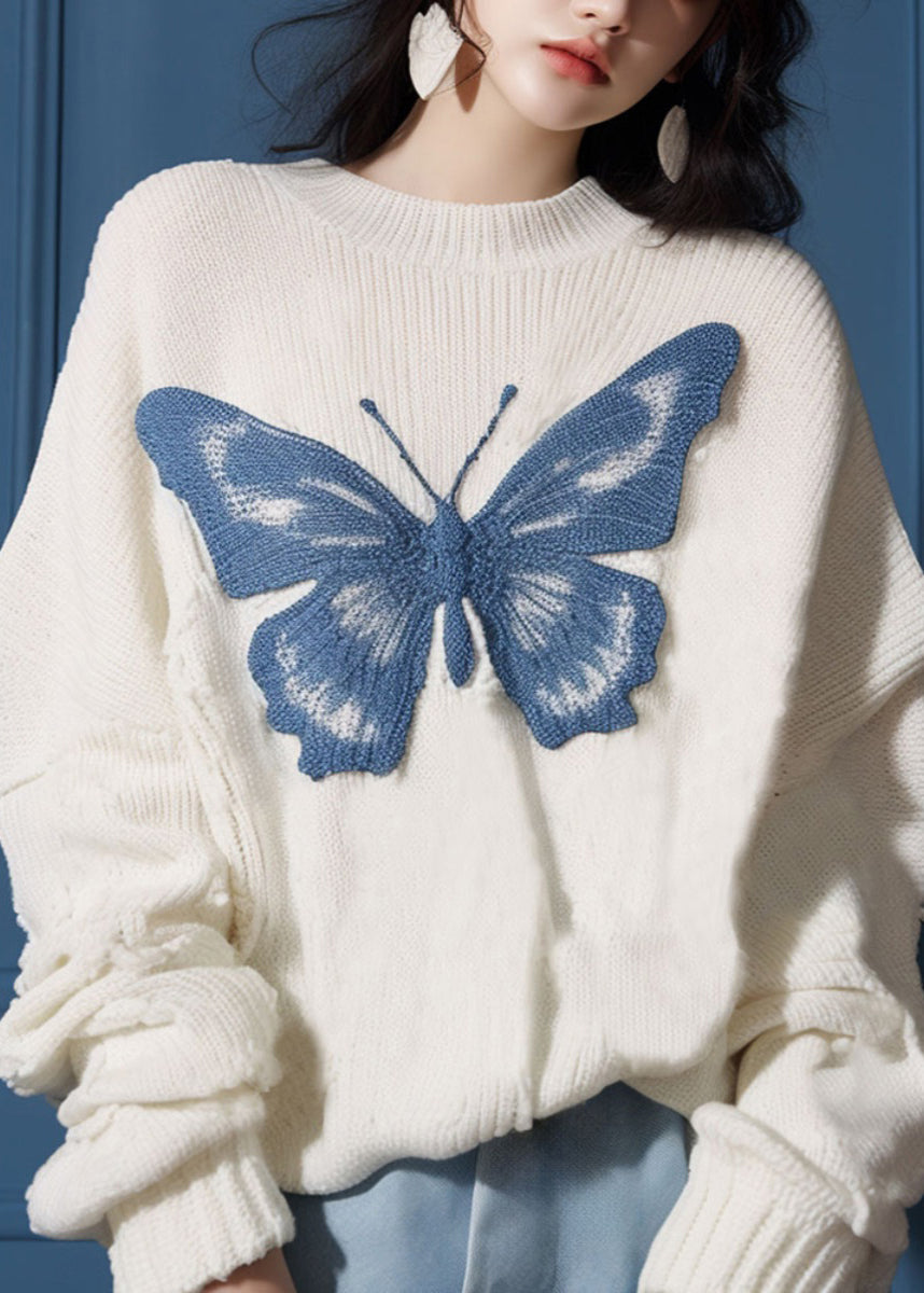 New White O Neck Butterfly Cozy Knit Sweater Fall QS025 OM-BB241010