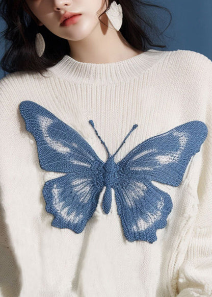 New White O Neck Butterfly Cozy Knit Sweater Fall QS025 OM-BB241010