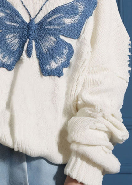 New White O Neck Butterfly Cozy Knit Sweater Fall QS025 OM-BB241010