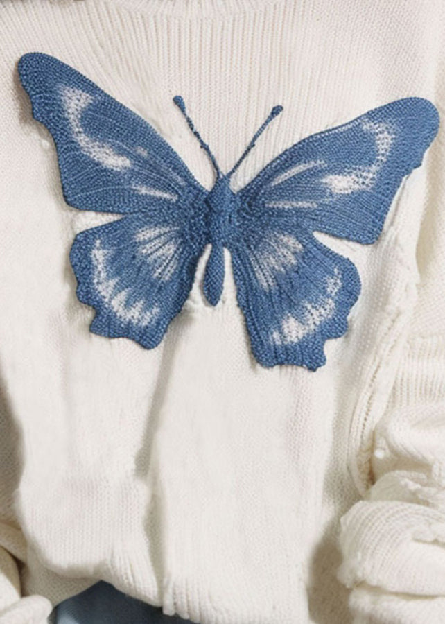 New White O Neck Butterfly Cozy Knit Sweater Fall QS025 OM-BB241010